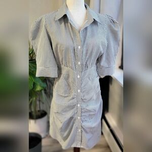 Shein Black White Striped Shirt Dress Ruched Front Puff Sleeve Button Down Size